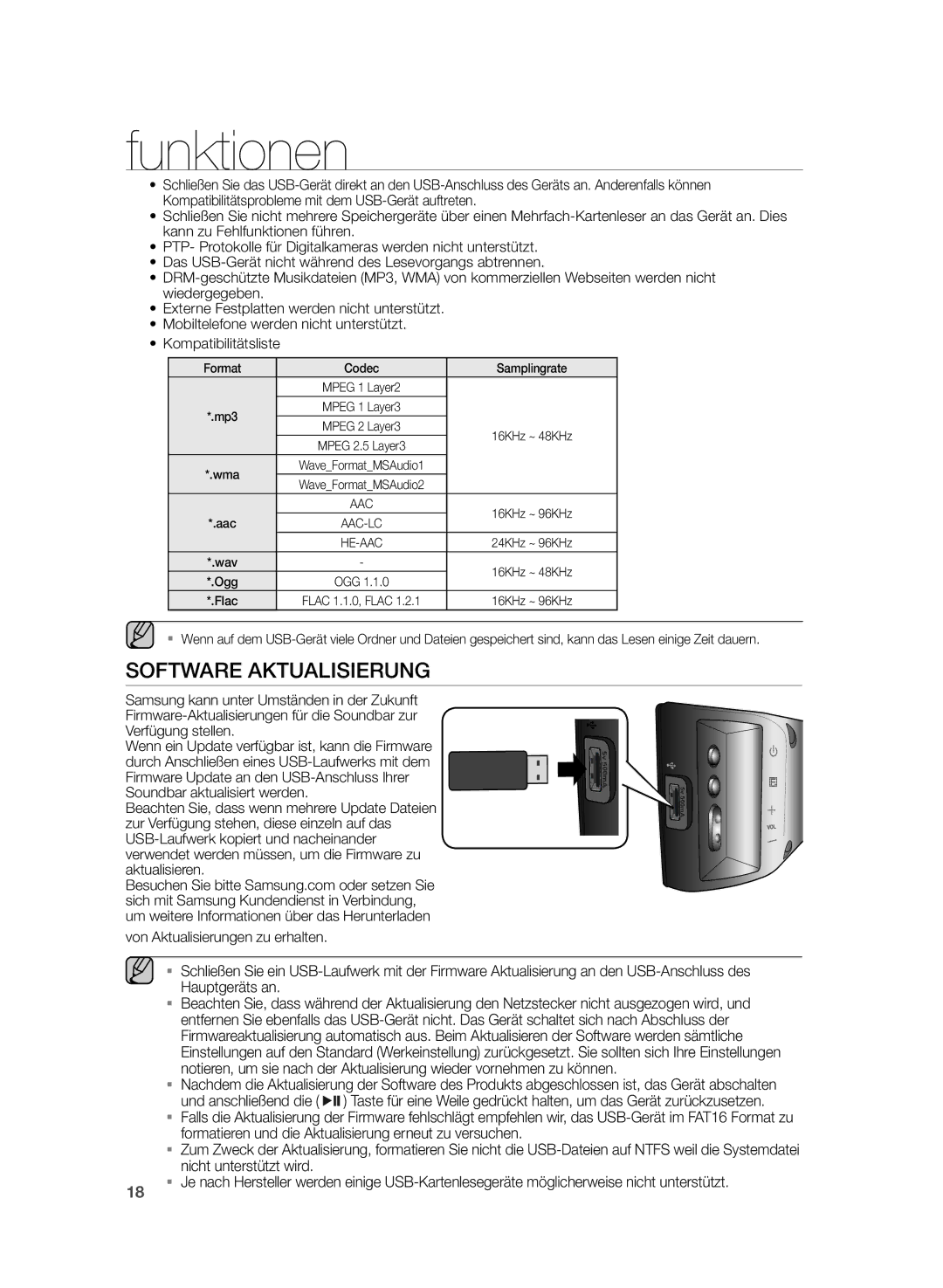 Samsung HW-H430/XN, HW-H430/EN manual Software Aktualisierung, Format Codec Samplingrate 