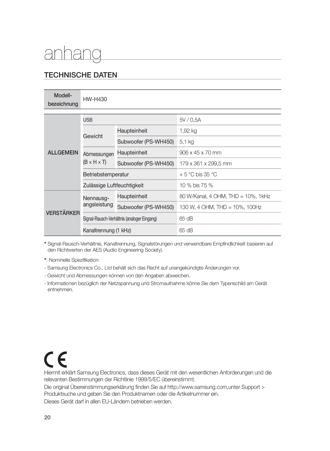 Samsung HW-H430/XN manual Anhang, Technische Daten, Verstärker USB, Abmessungen, Signal-Rausch-Verhältnis analoger Eingang 