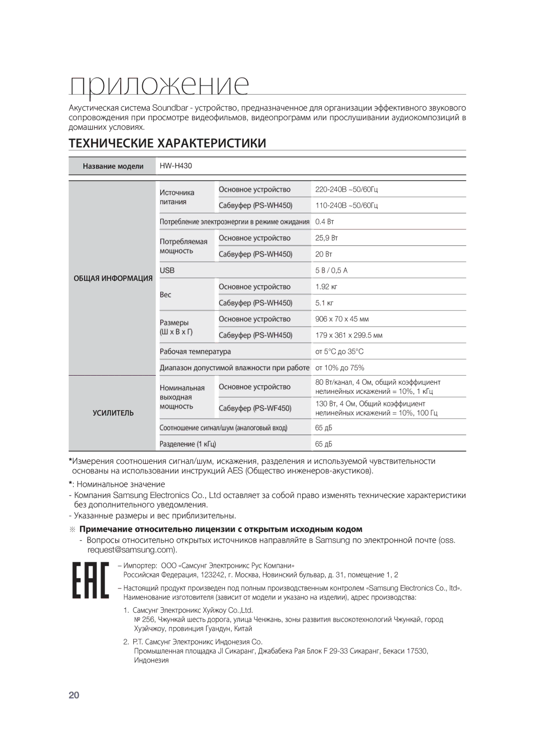 Samsung HW-H430/RU manual Приложение, Технические Характеристики 