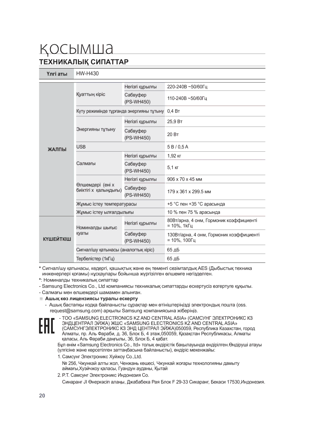 Samsung HW-H430/RU manual Қосымша, Техникалық Сипаттар, Жалпы Күшейткіш, ※※ Ашық көз лицензиясы туралы ескерту 