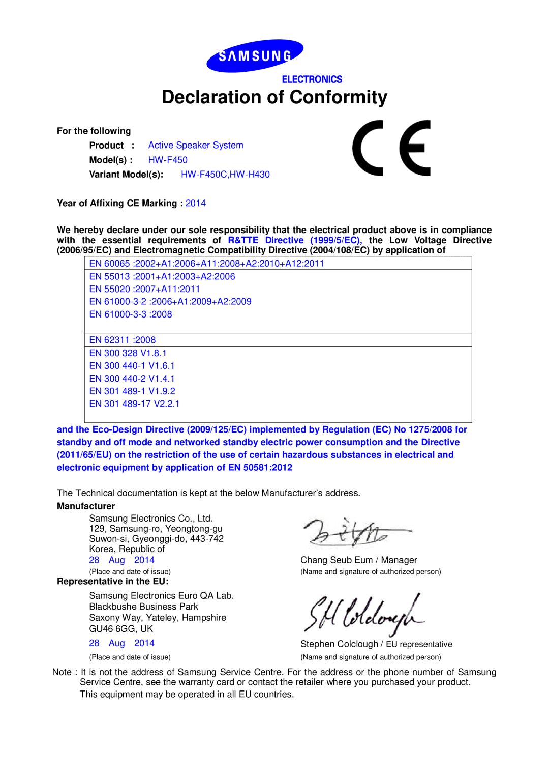 Samsung HW-H430/EN, HW-H430/TK manual Declaration of Conformity, For the following, Manufacturer, Representative in the EU 