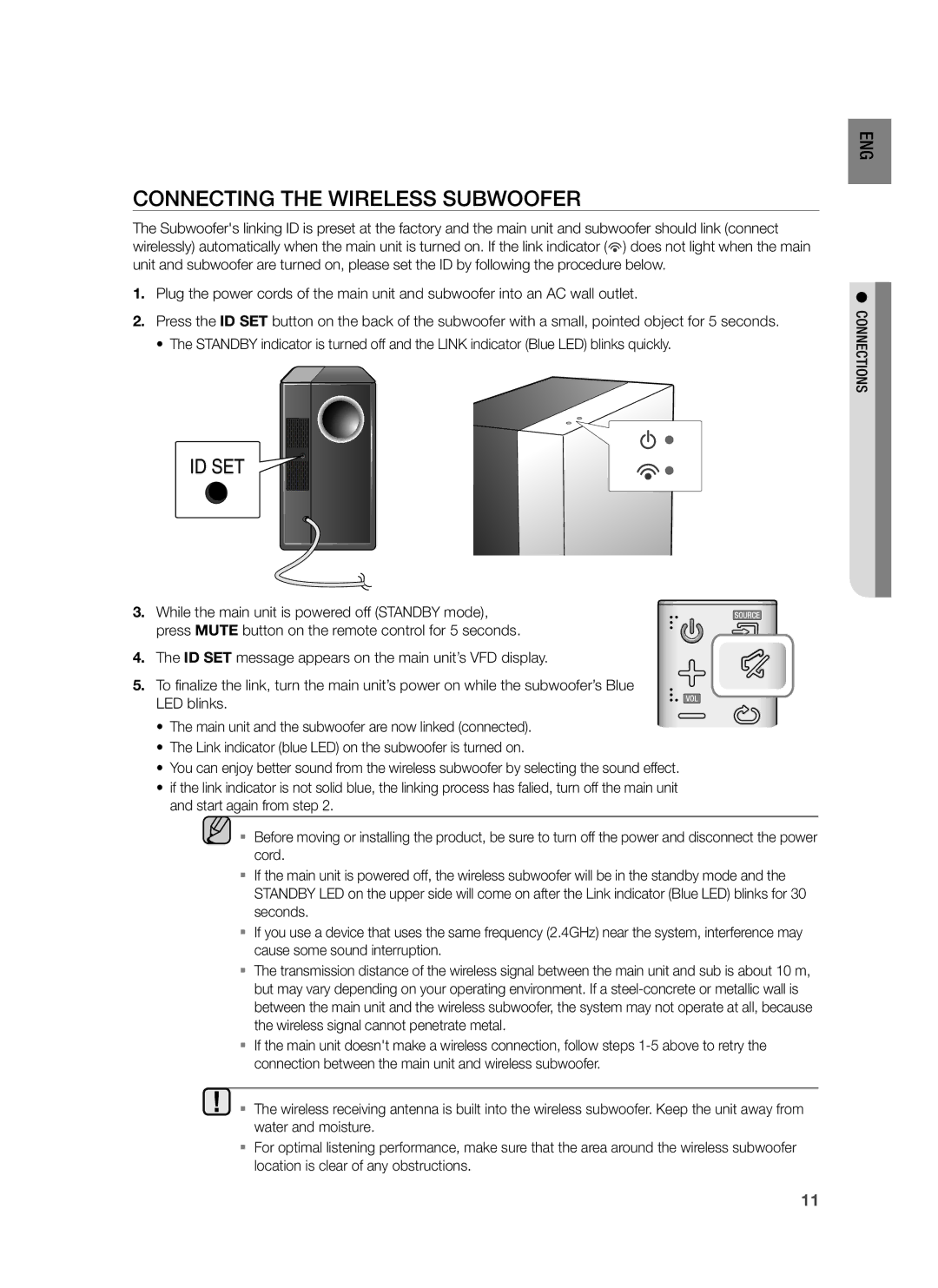 Samsung HW-H430/ZF, HW-H430/TK, HW-H430/EN manual Connecting the Wireless Subwoofer 