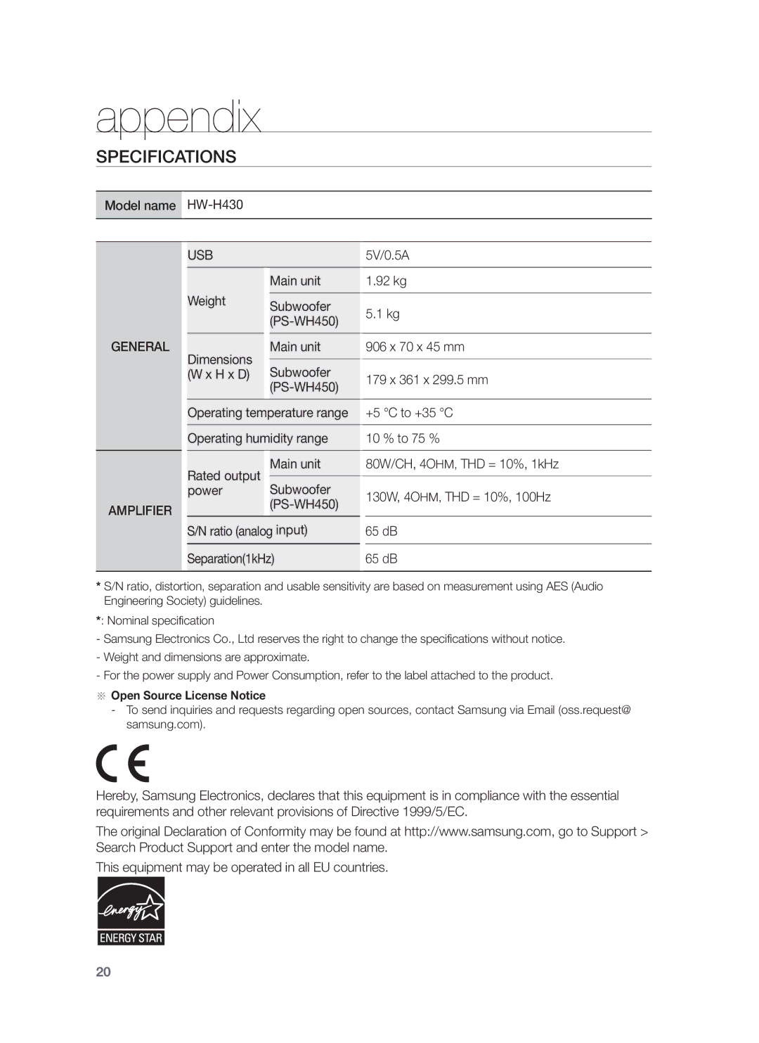 Samsung HW-H430/ZF, HW-H430/TK, HW-H430/EN manual Appendix, Specifications, ※※Open Source License Notice 