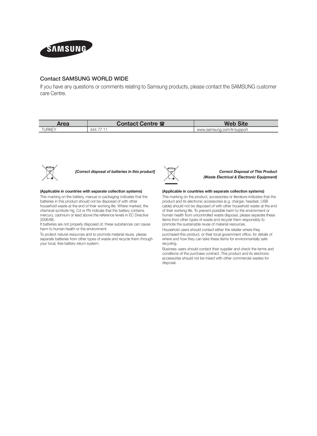 Samsung HW-H430/TK, HW-H430/EN, HW-H430/ZF manual Area Contact Centre  Web Site 