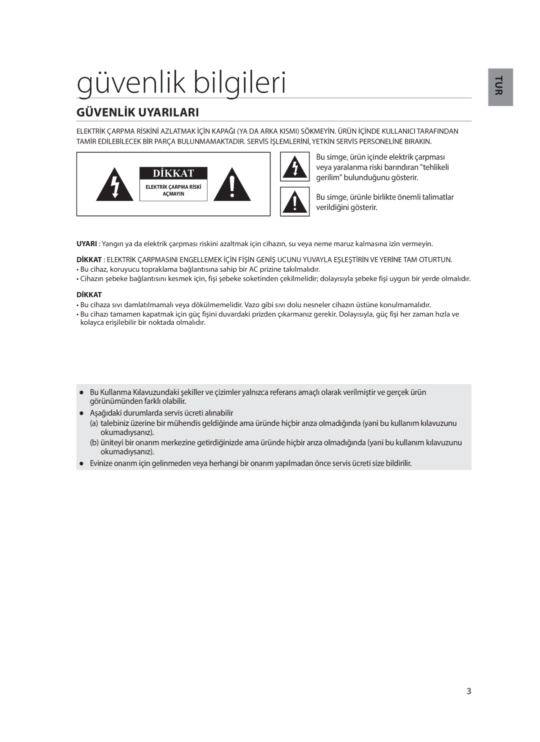 Samsung HW-H430/TK, HW-H430/EN, HW-H430/ZF manual Güvenlik bilgileri, Güvenlİk Uyarilari, Verildiğini gösterir 