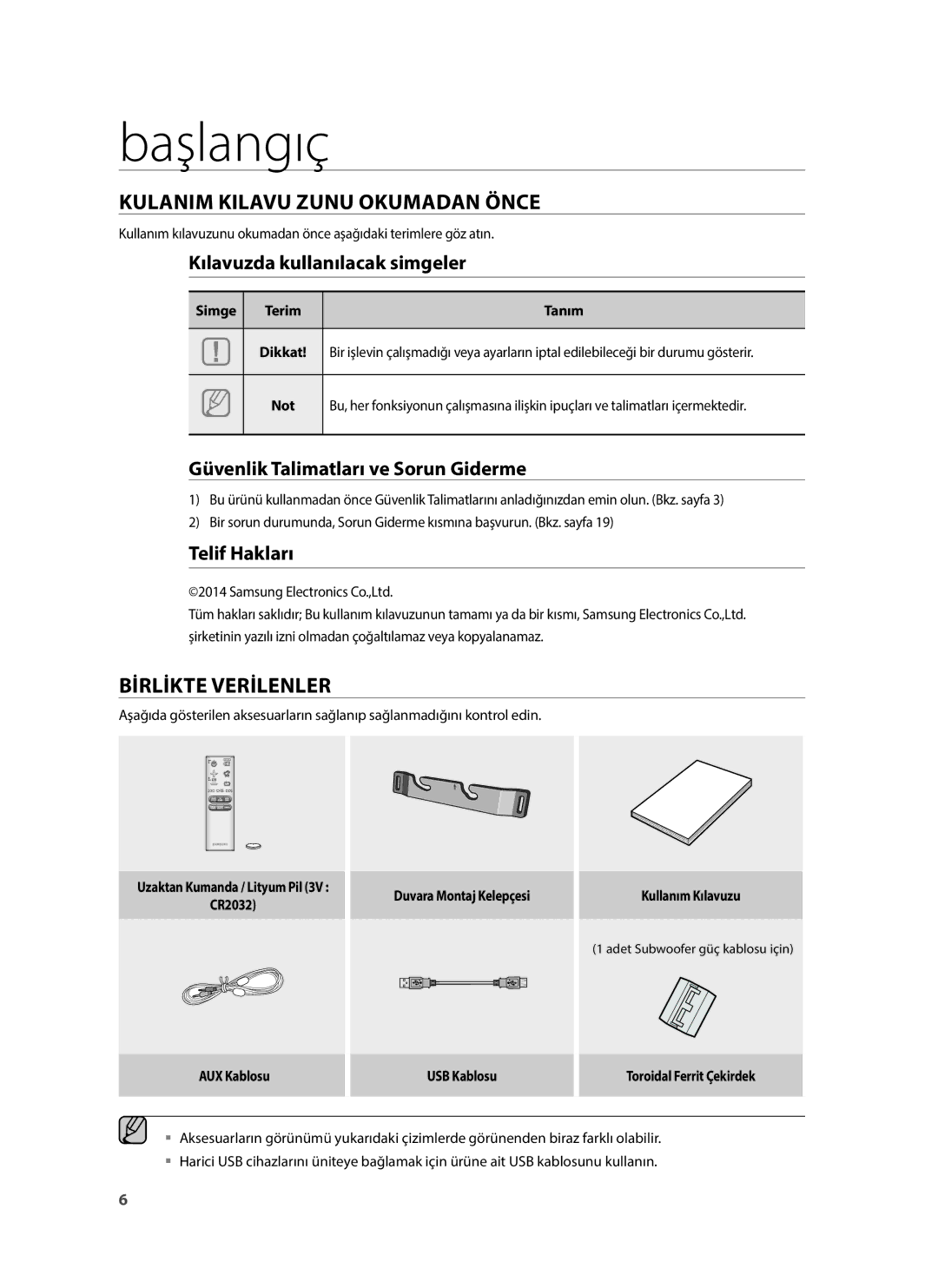 Samsung HW-H430/TK, HW-H430/EN, HW-H430/ZF manual Başlangıç, Kulanim Kilavu Zunu Okumadan Önce, Bİrlİkte Verİlenler 