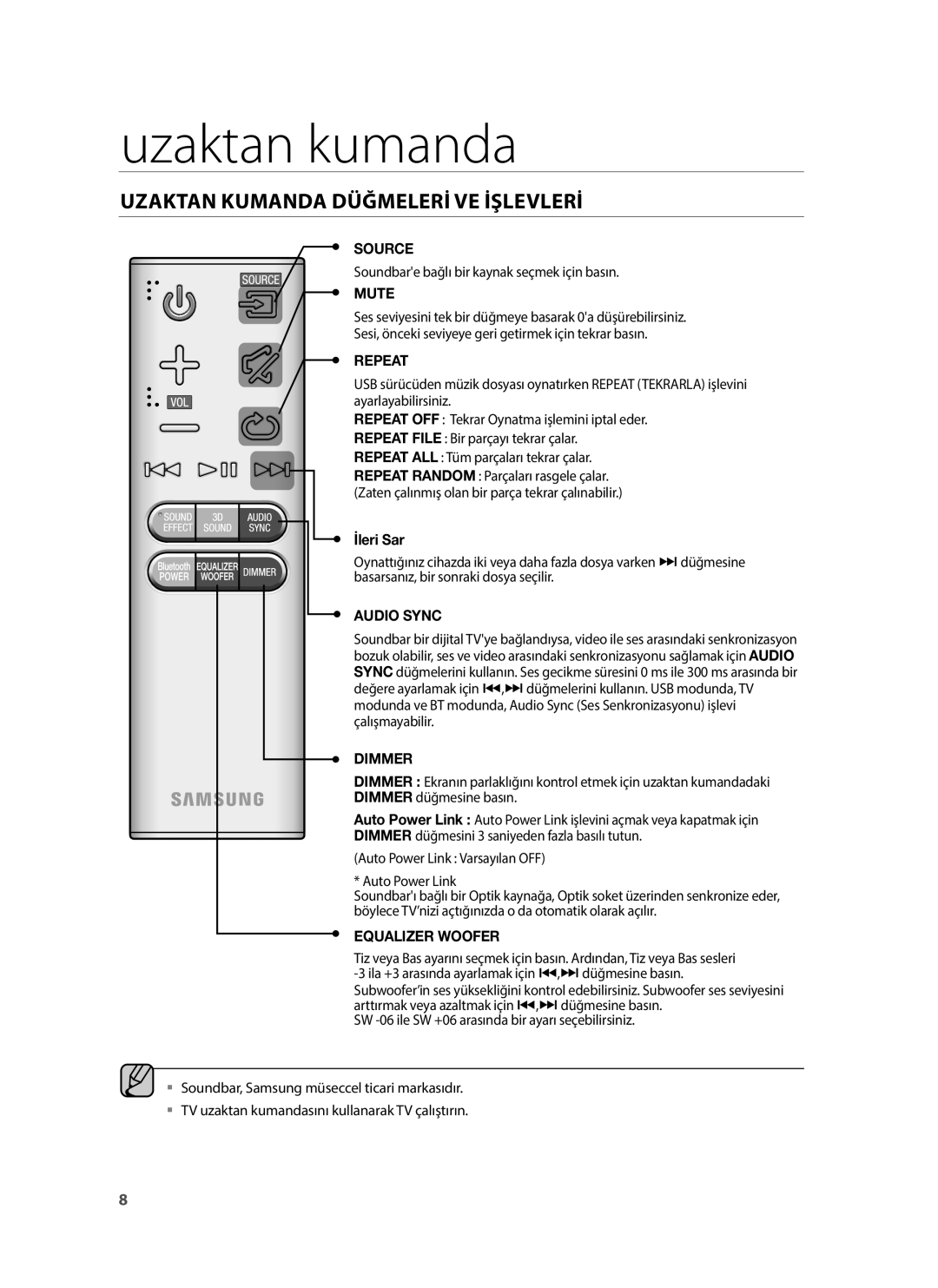 Samsung HW-H430/ZF, HW-H430/TK, HW-H430/EN manual Uzaktan kumanda, Uzaktan Kumanda Düğmeleri VE Işlevleri, İleri Sar 