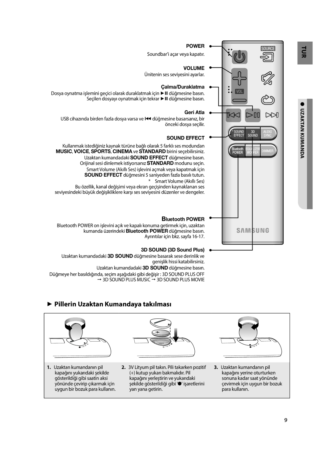 Samsung HW-H430/TK, HW-H430/EN, HW-H430/ZF manual ++Pillerin Uzaktan Kumandaya takılması, Sound Effect 