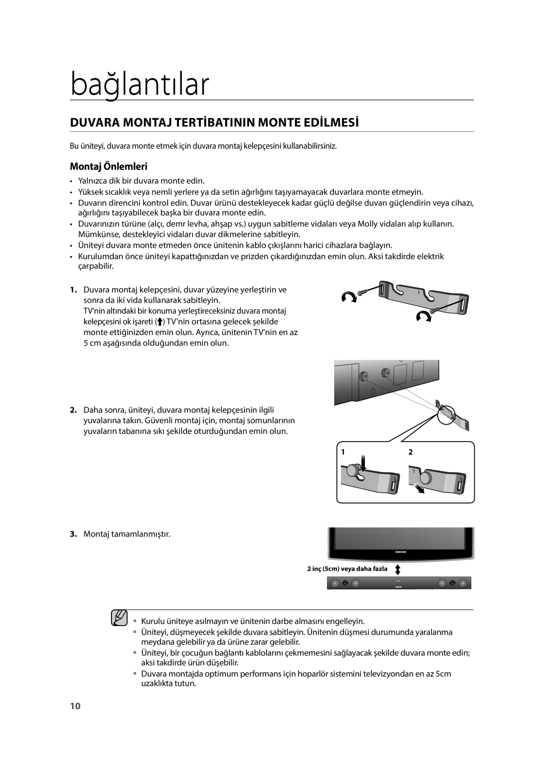 Samsung HW-H430/EN, HW-H430/TK, HW-H430/ZF manual Bağlantılar, Duvara Montaj Tertİbatinin Monte Edİlmesİ 