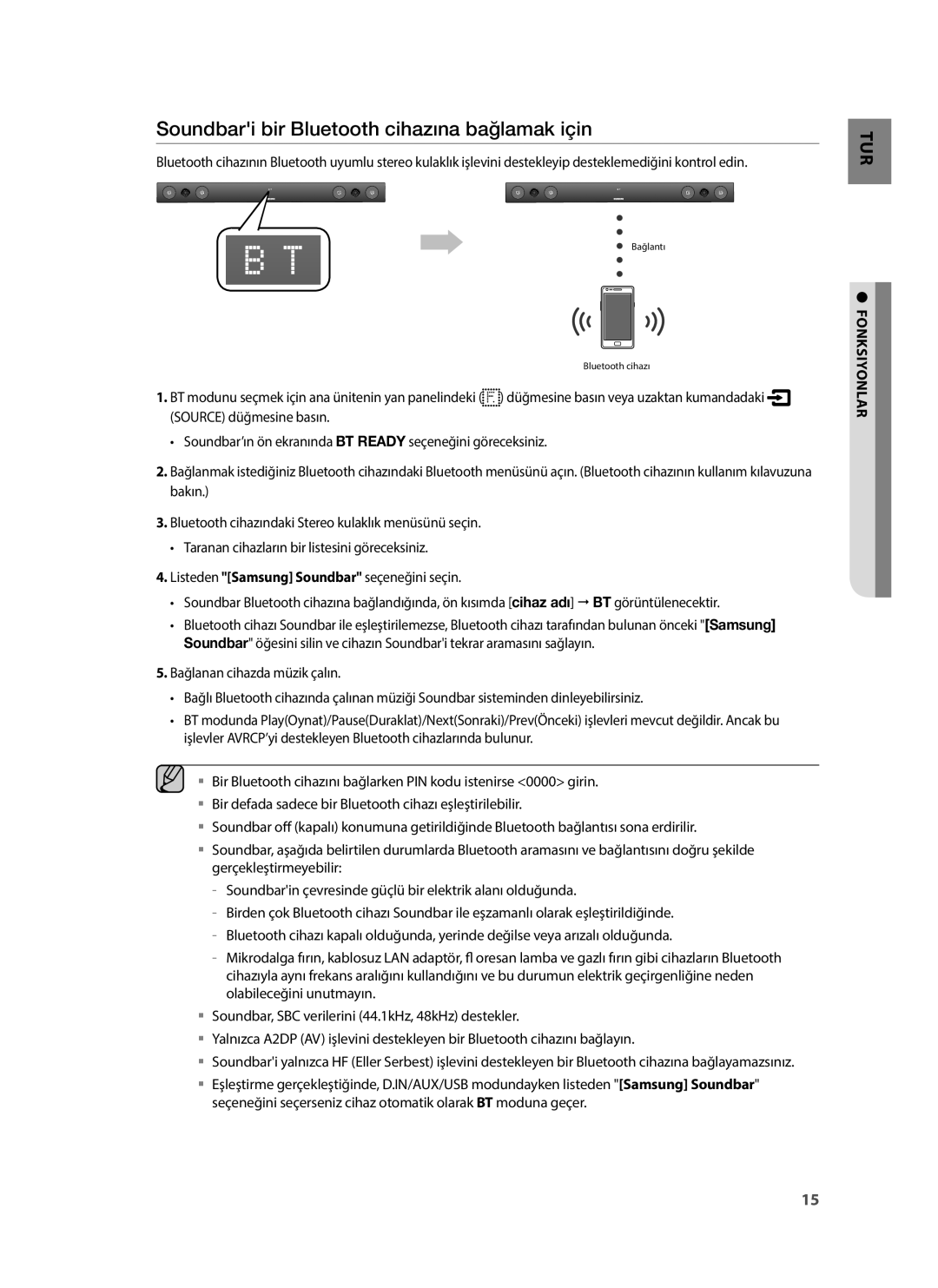 Samsung HW-H430/TK, HW-H430/EN, HW-H430/ZF manual Soundbari bir Bluetooth cihazına bağlamak için, Fonksiyonlar 