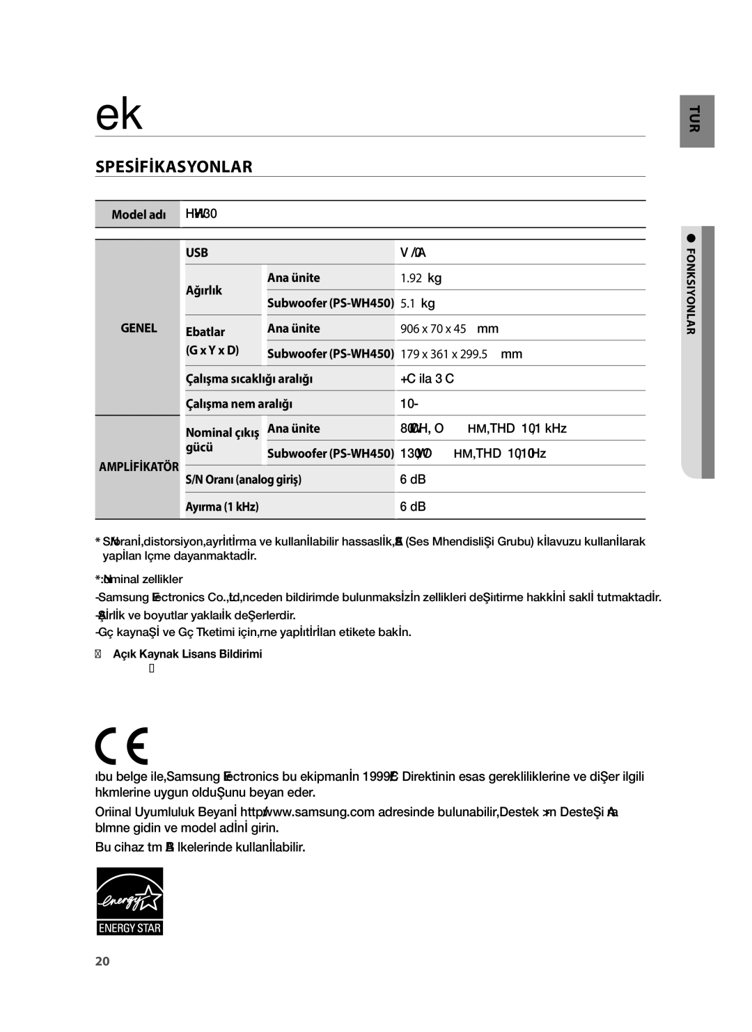 Samsung HW-H430/ZF manual Spesİfİkasyonlar, Amplİfİkatör, Nominal çıkış, Ayırma 1 kHz, ※※ Açık Kaynak Lisans Bildirimi 