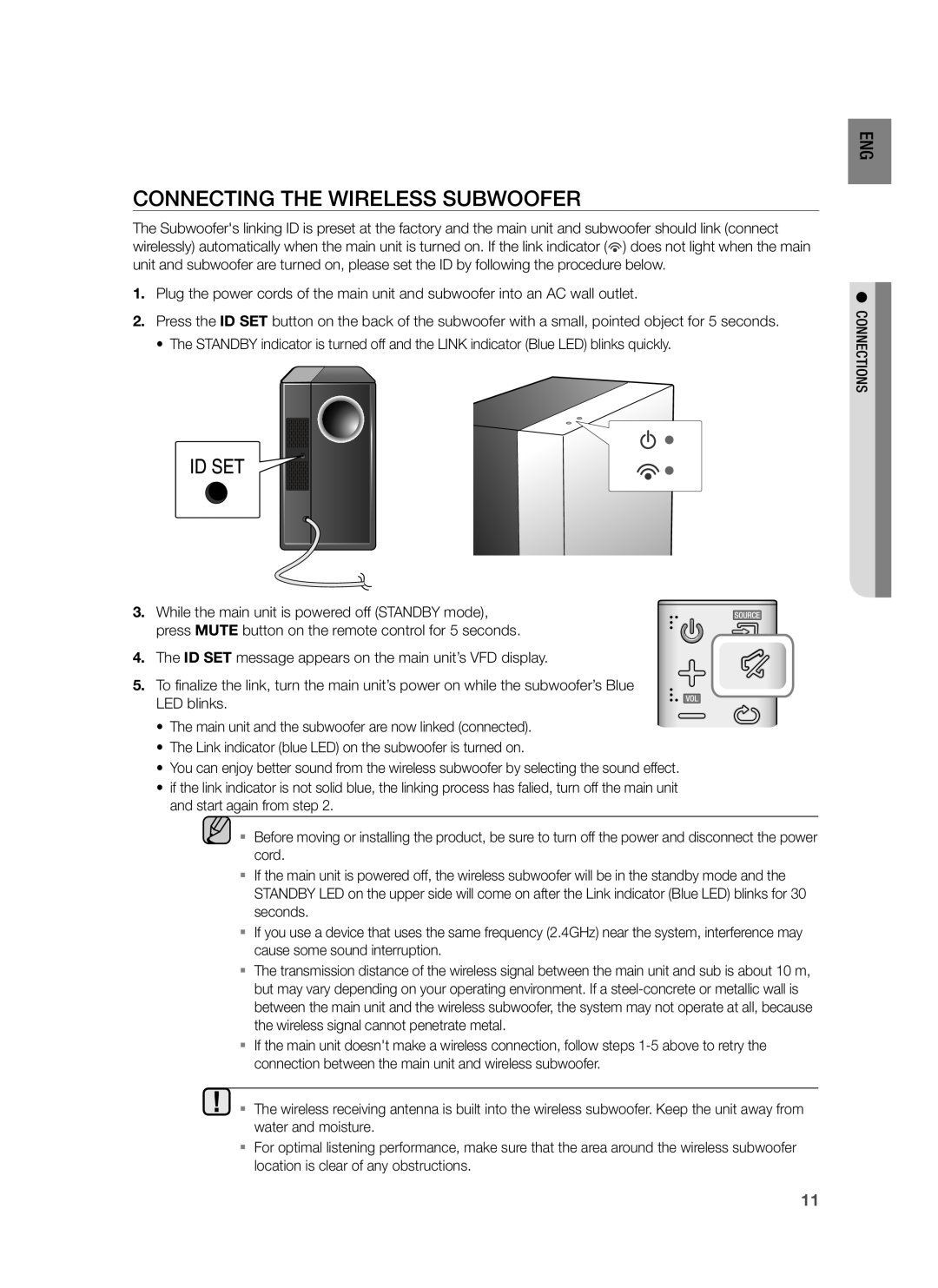 Samsung HW-H430/ZF, HW-H430/TK, HW-H430/EN manual Connecting The Wireless Subwoofer 