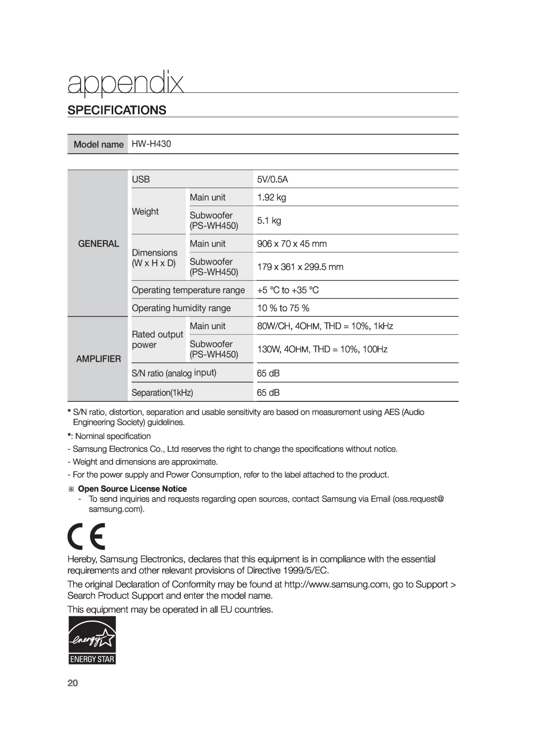 Samsung HW-H430/ZF, HW-H430/TK, HW-H430/EN manual appendix, Specifications 