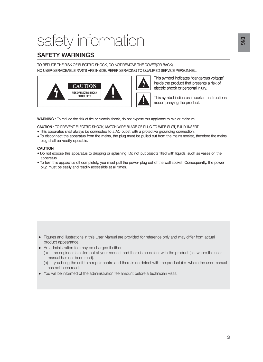 Samsung HW-H430/TK, HW-H430/EN, HW-H430/ZF manual safety information, Safety Warnings 