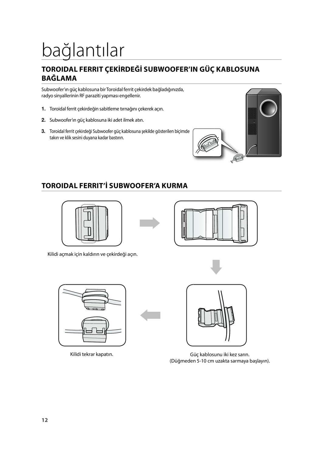 Samsung HW-H430/TK, HW-H430/EN, HW-H430/ZF manual bağlantılar, Toroidal Ferrit Çekirdeği Subwoofer’In Güç Kablosuna Bağlama 