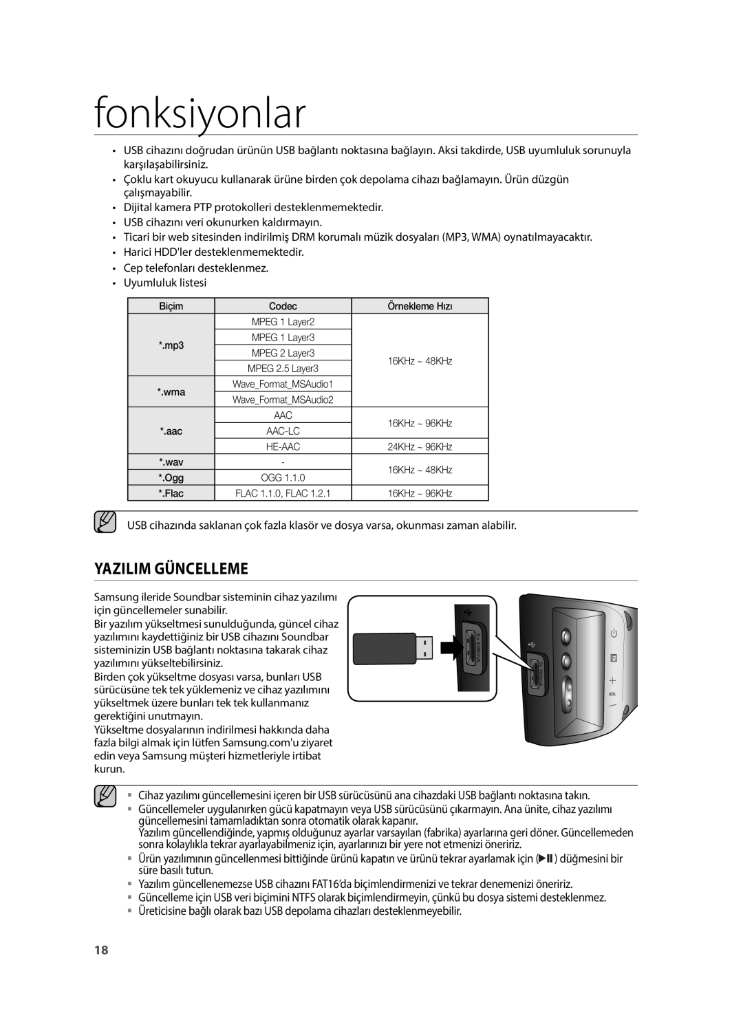Samsung HW-H430/TK, HW-H430/EN, HW-H430/ZF manual Yazilim Güncelleme, fonksiyonlar 