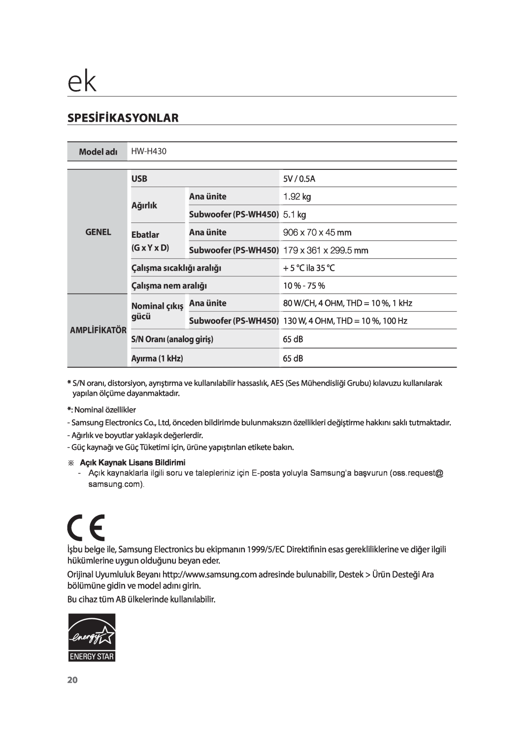 Samsung HW-H430/ZF, HW-H430/TK, HW-H430/EN manual Spesifikasyonlar 