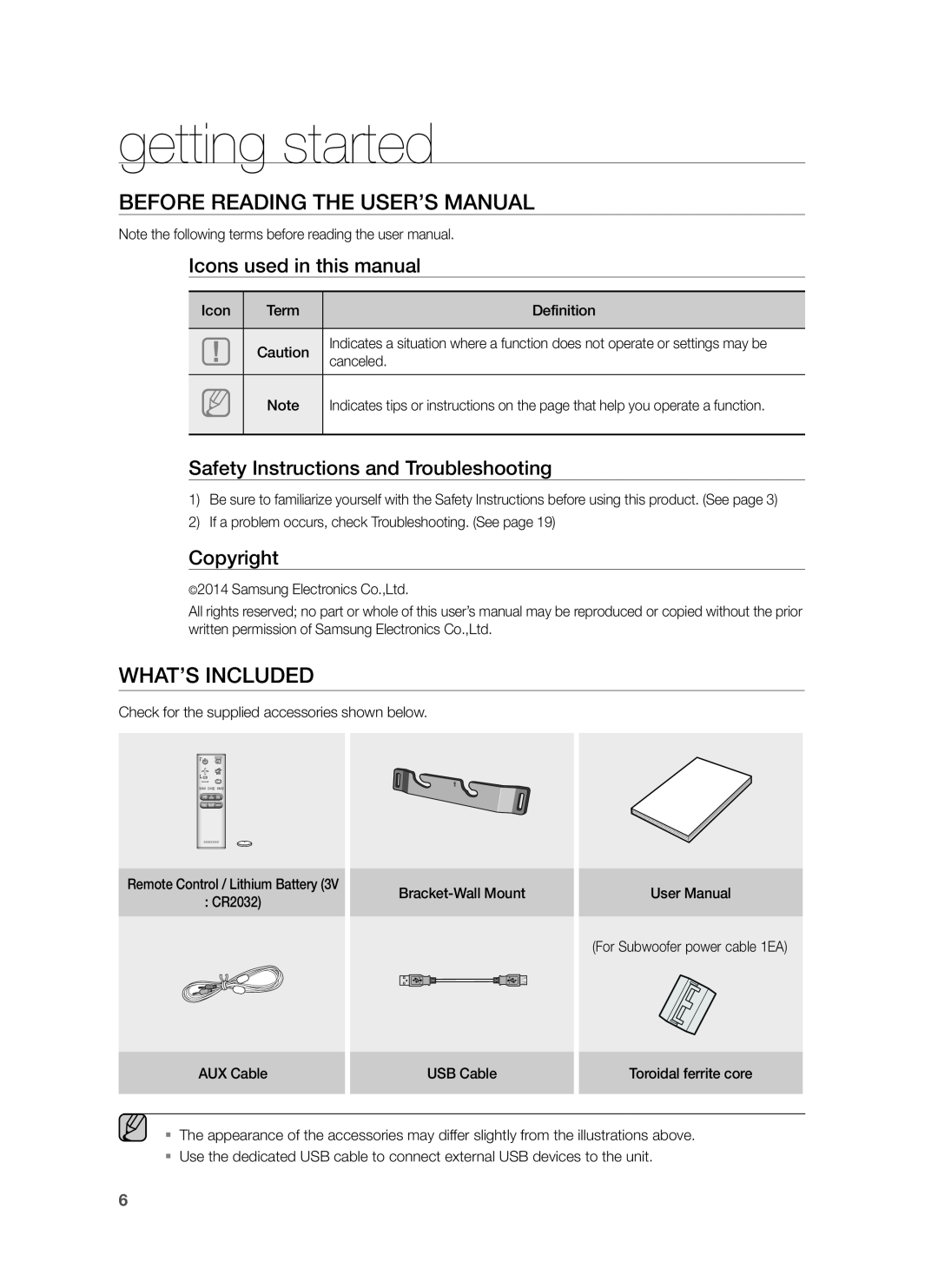Samsung HW-H430/TK getting started, Before Reading The User’S Manual, What’S Included, Icons used in this manual 