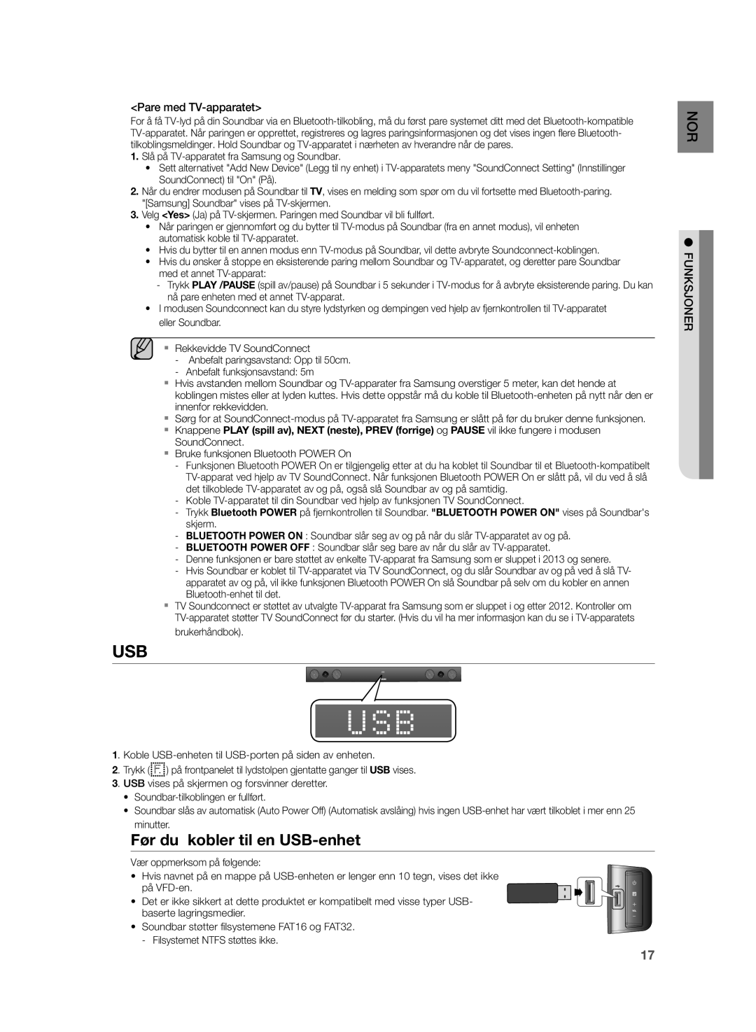 Samsung HW-H430/XE Før du kobler til en USB-enhet, Pare med TV-apparatet, SoundConnect Bruke funksjonen Bluetooth Power On 