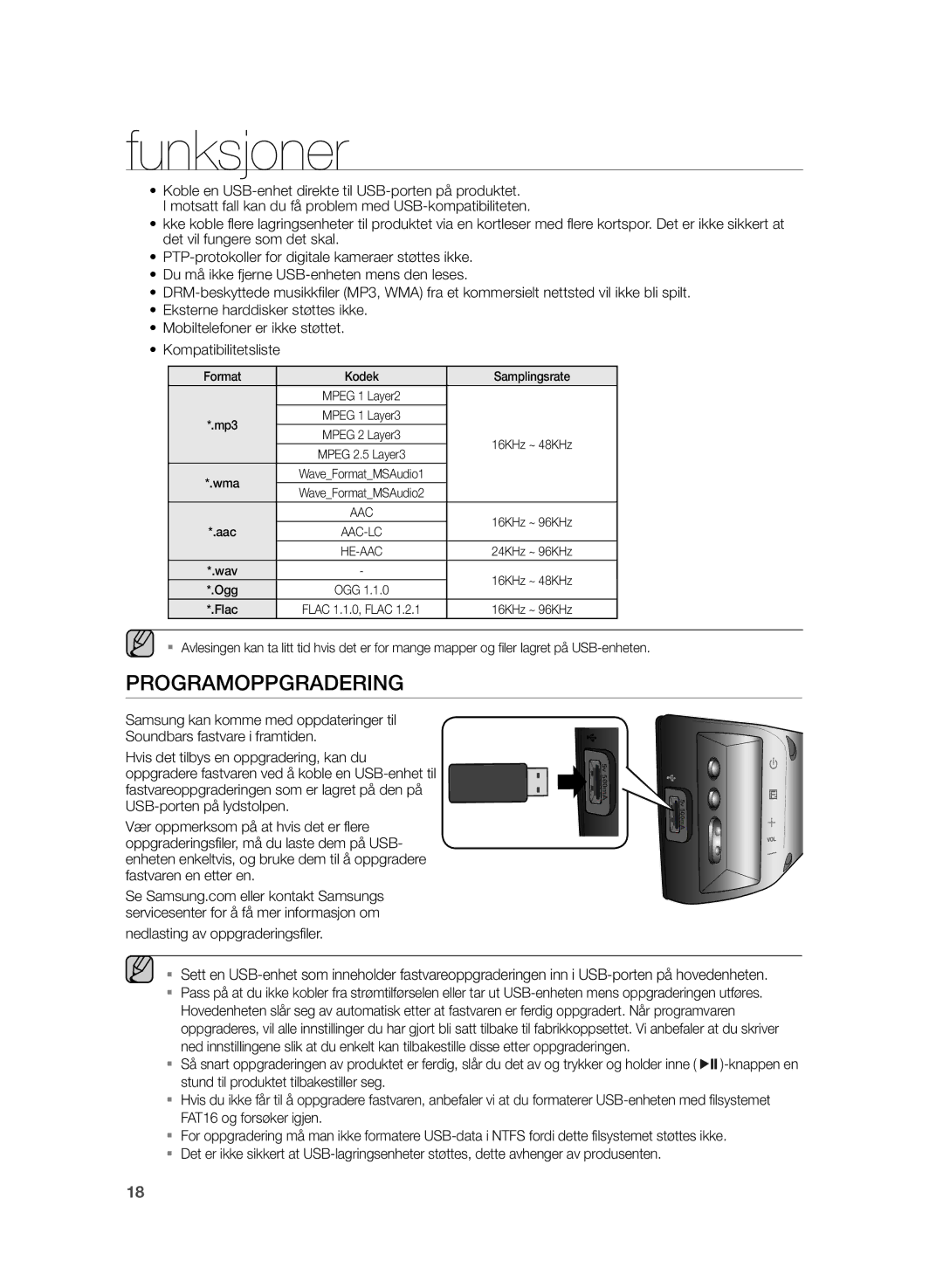 Samsung HW-H430/XE manual Programoppgradering, Format Kodek Samplingsrate 