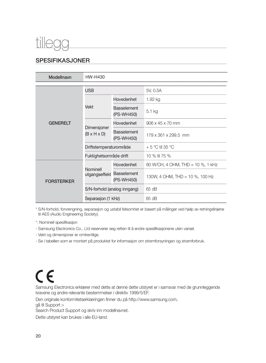 Samsung HW-H430/XE manual Tillegg, Spesifikasjoner 