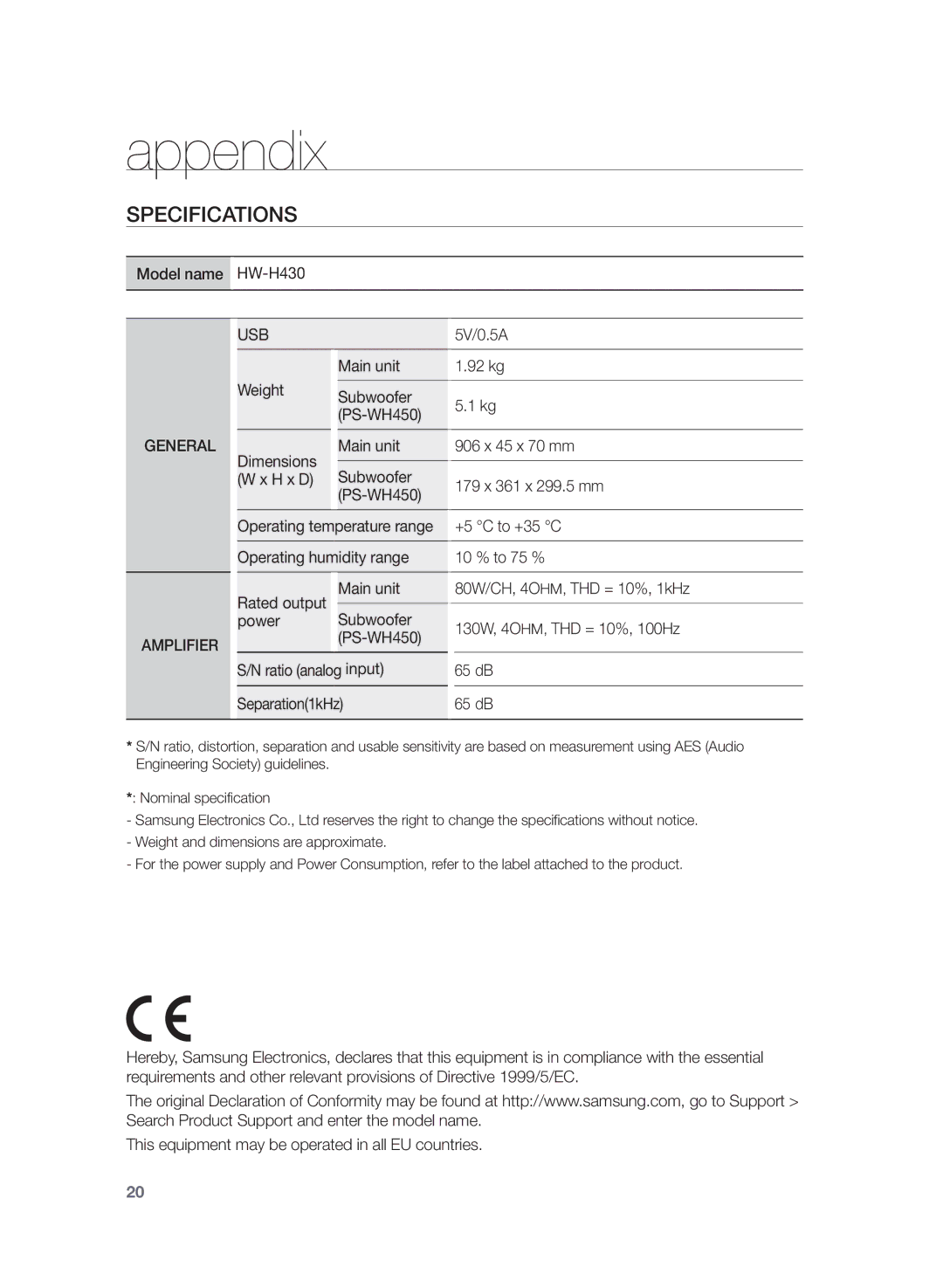 Samsung HW-H430/XE manual Appendix, Specifications 