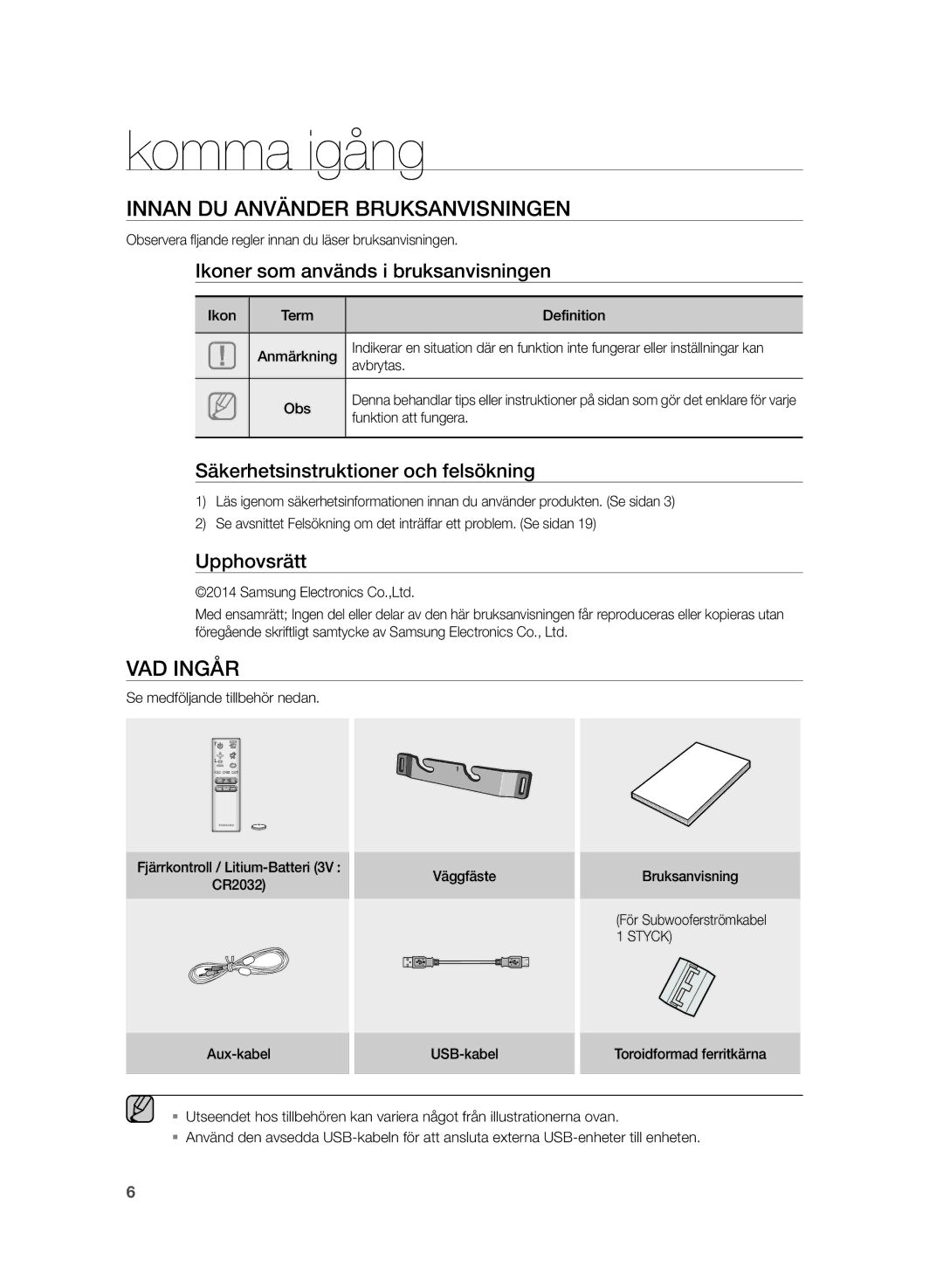 Samsung HW-H430/XE manual Komma igång, Innan DU Använder Bruksanvisningen, VAD Ingår 