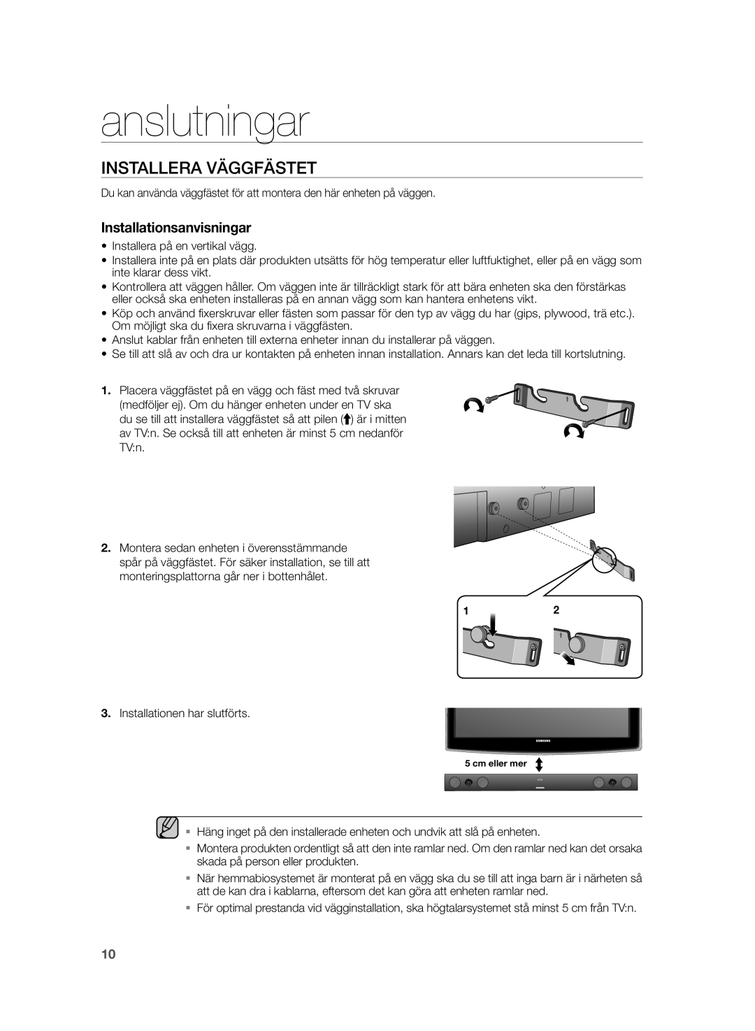 Samsung HW-H430/XE manual Anslutningar, Installera Väggfästet 