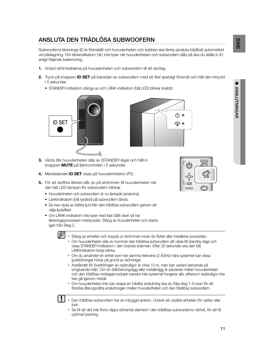 Samsung HW-H430/XE manual Ansluta DEN Trådlösa Subwoofern 