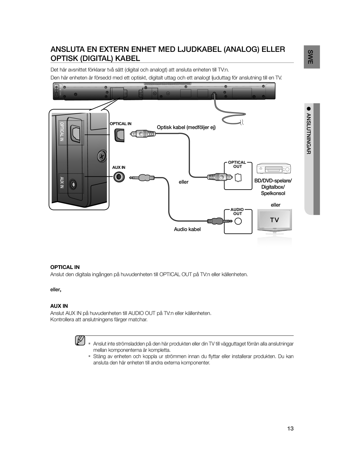 Samsung HW-H430/XE manual Optisk kabel medföljer ej 