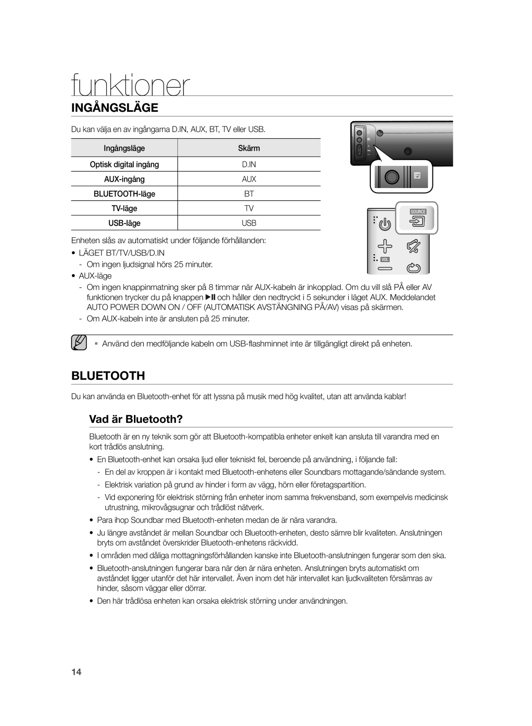 Samsung HW-H430/XE manual Funktioner, Vad är Bluetooth?, Optisk digital ingång AUX-ingång, BLUETOOTH-läge, USB-läge 