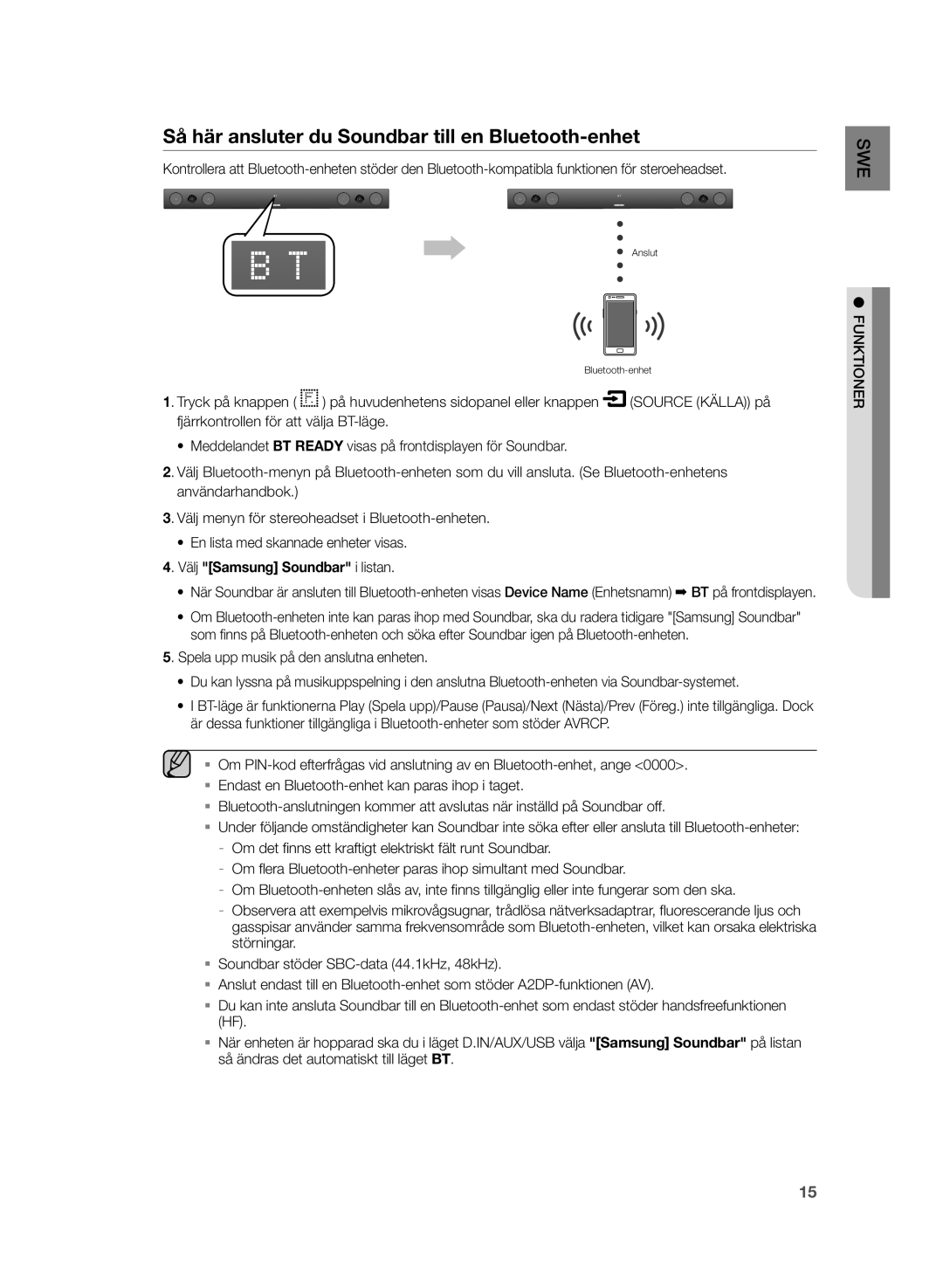 Samsung HW-H430/XE manual Så här ansluter du Soundbar till en Bluetooth-enhet, Source Källa på 