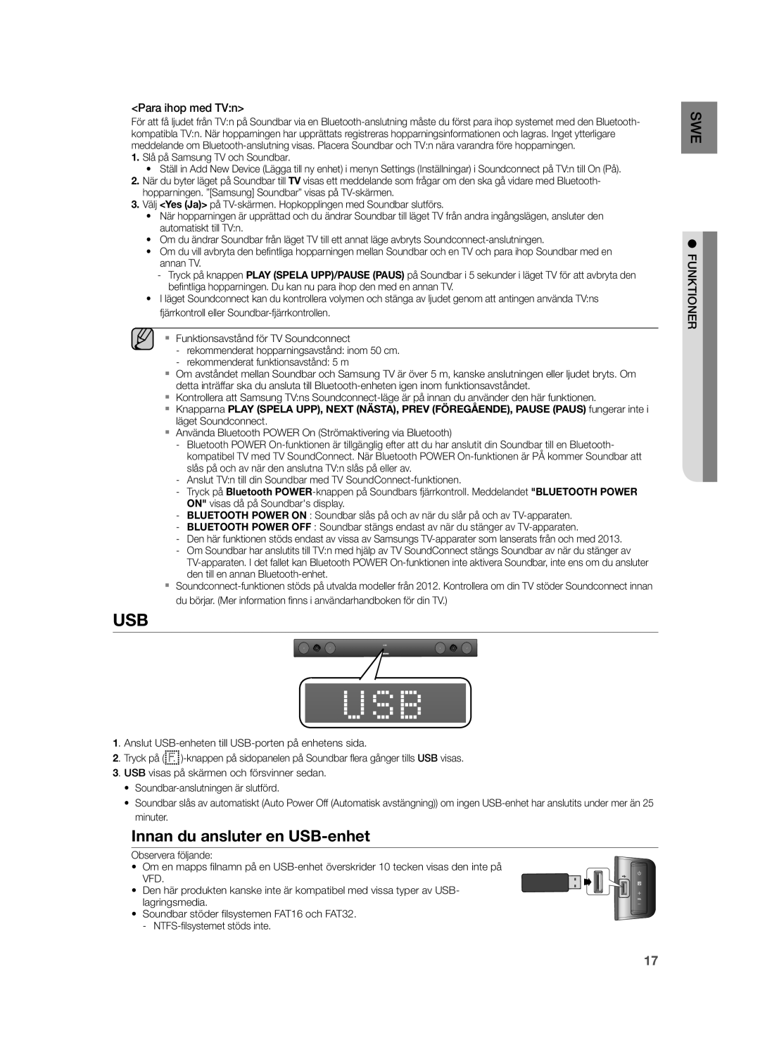 Samsung HW-H430/XE manual Innan du ansluter en USB-enhet, Para ihop med TVn 