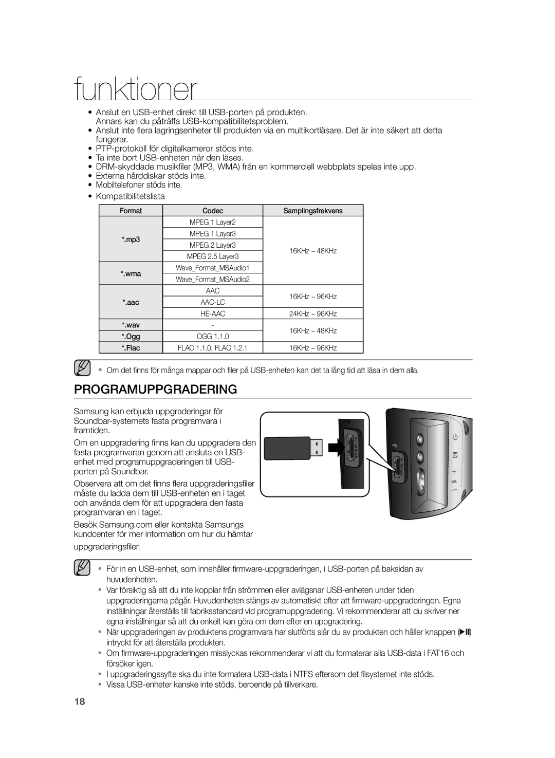 Samsung HW-H430/XE manual Programuppgradering, Format Codec Samplingsfrekvens 