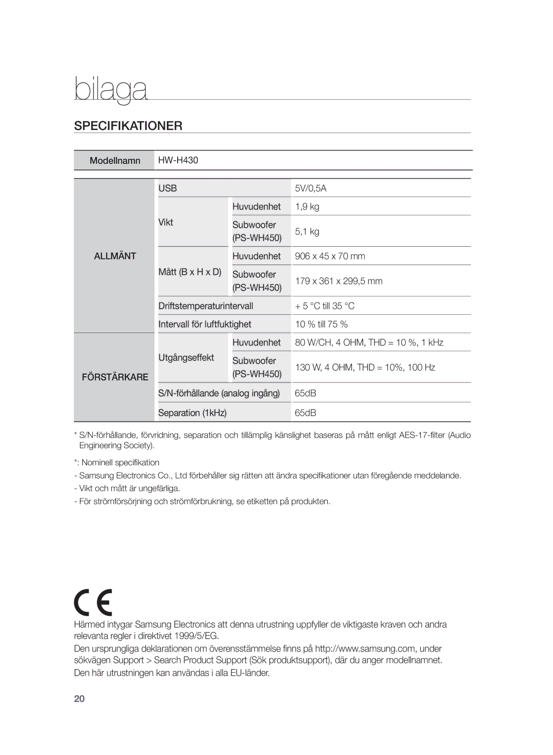 Samsung HW-H430/XE manual Bilaga, Specifikationer 