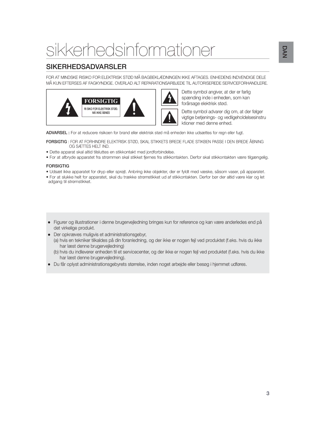 Samsung HW-H430/XE manual Sikkerhedsinformationer, Sikerhedsadvarsler 