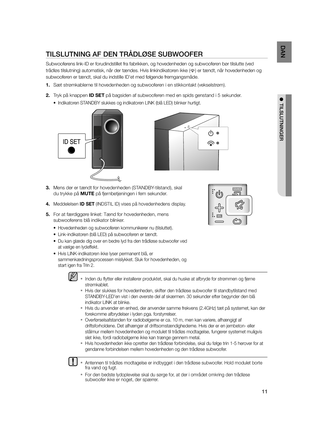 Samsung HW-H430/XE manual Tilslutning AF DEN Trådløse Subwoofer 