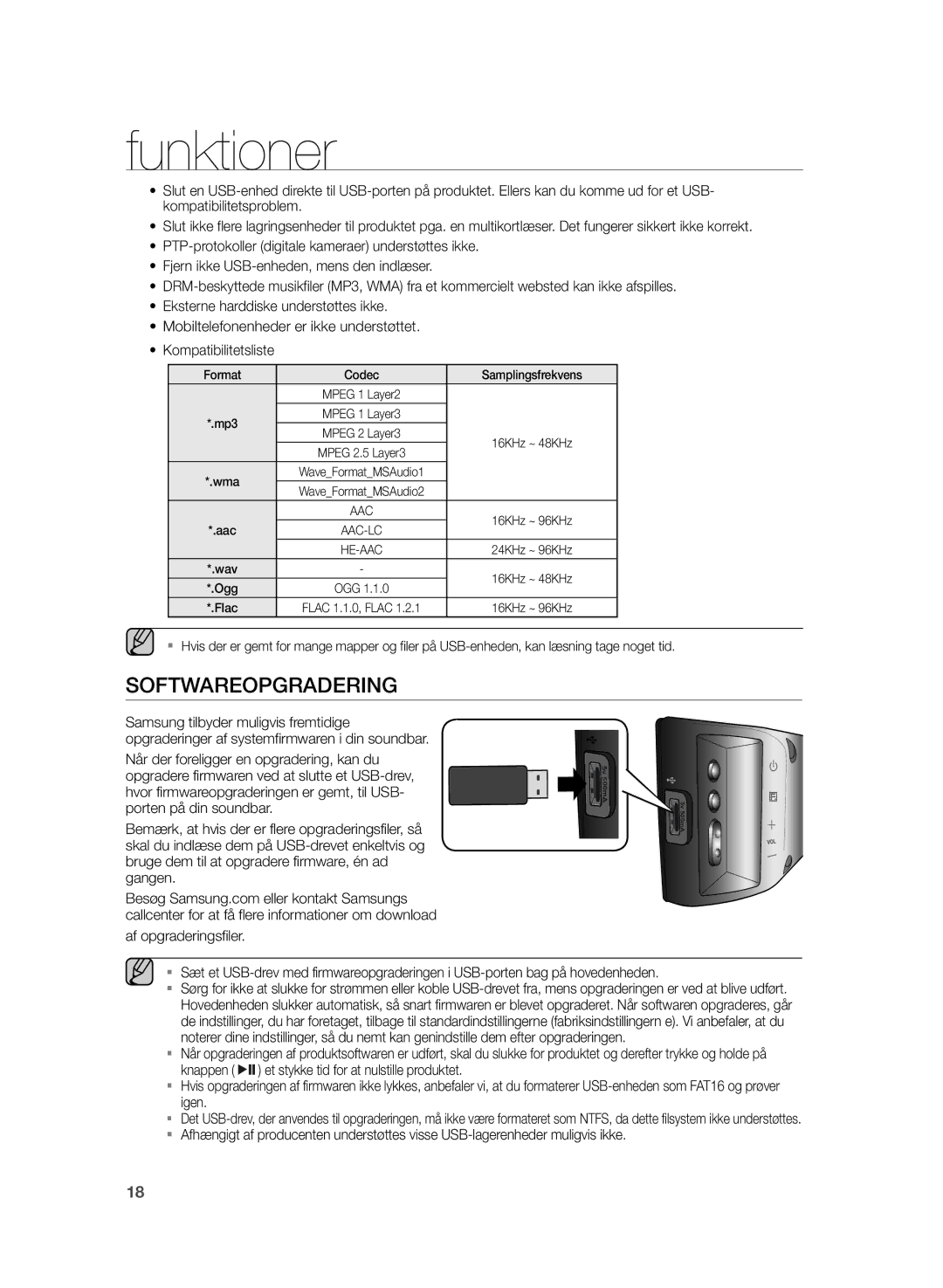 Samsung HW-H430/XE manual Softwareopgradering, Format Codec Samplingsfrekvens 