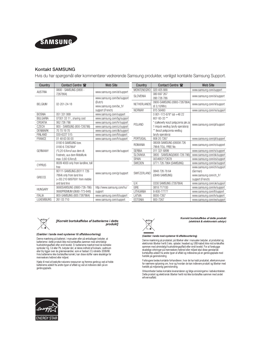 Samsung HW-H430/XE manual Kontakt Samsung 