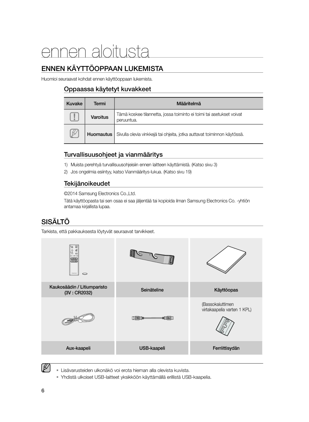 Samsung HW-H430/XE manual Ennen aloitusta, Ennen Käyttöoppaan Lukemista, Sisältö 