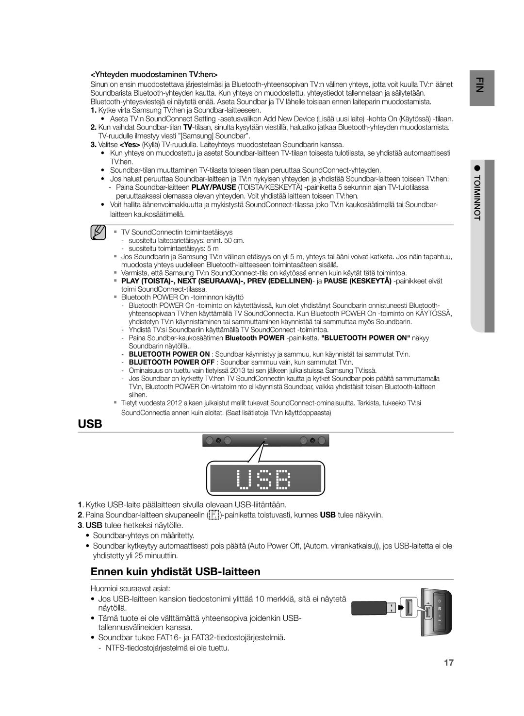 Samsung HW-H430/XE Ennen kuin yhdistät USB-laitteen, Yhteyden muodostaminen TVhen, Bluetooth Power On -toiminnon käyttö 