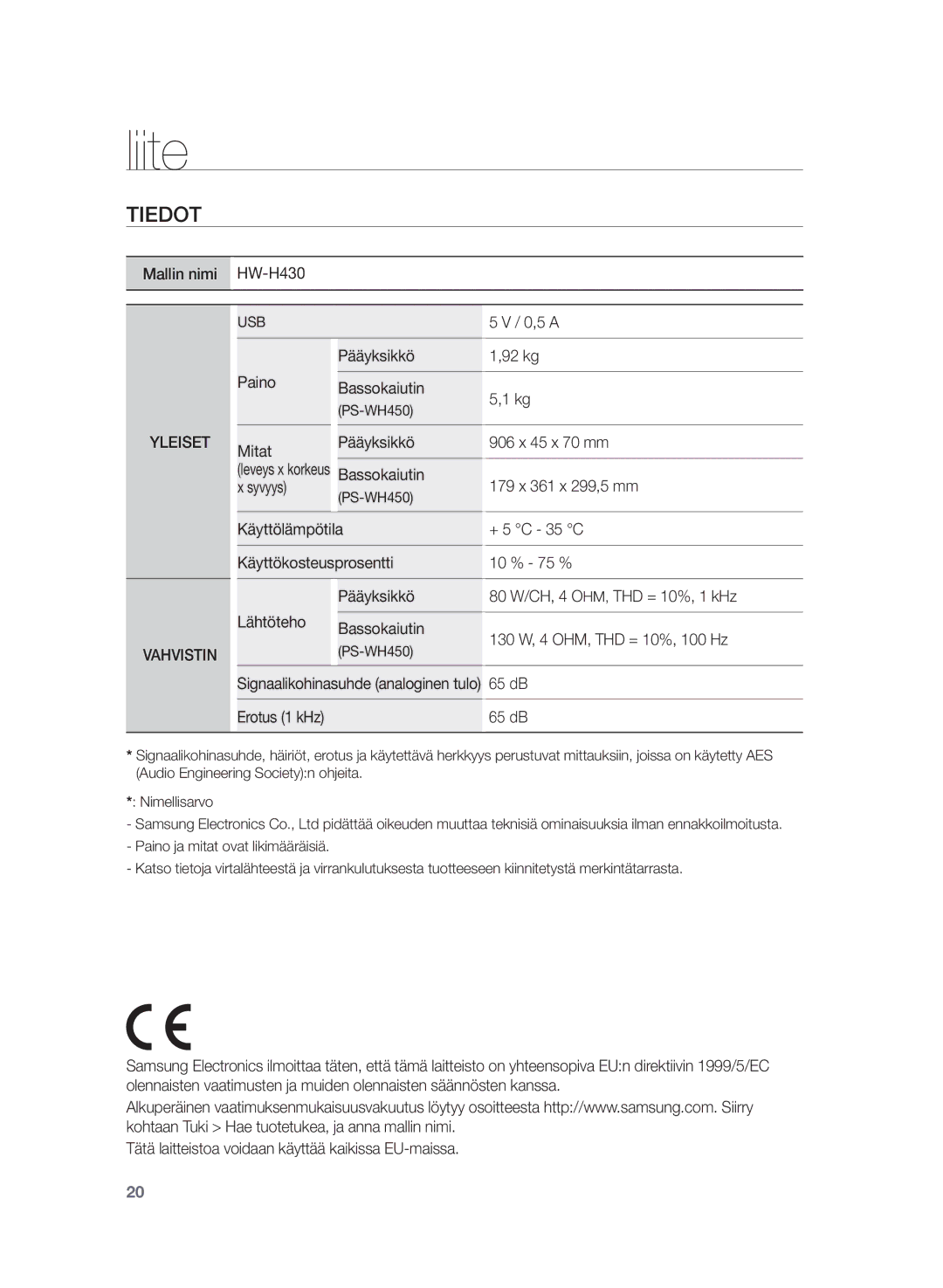 Samsung HW-H430/XE manual Liite, Tiedot, Erotus 1 kHz, Signaalikohinasuhde analoginen tulo 