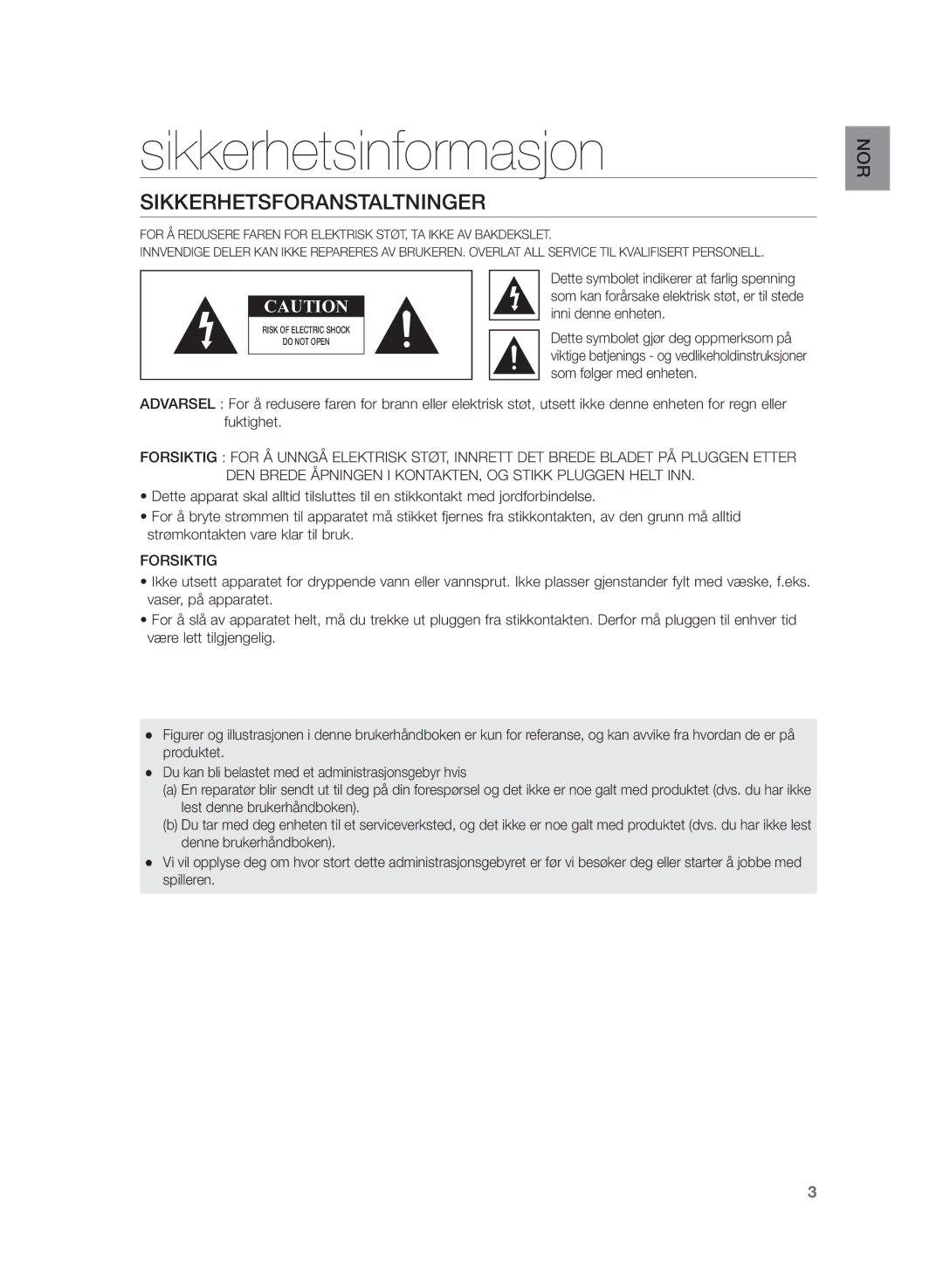 Samsung HW-H430/XE manual Sikkerhetsinformasjon, Sikkerhetsforanstaltninger 