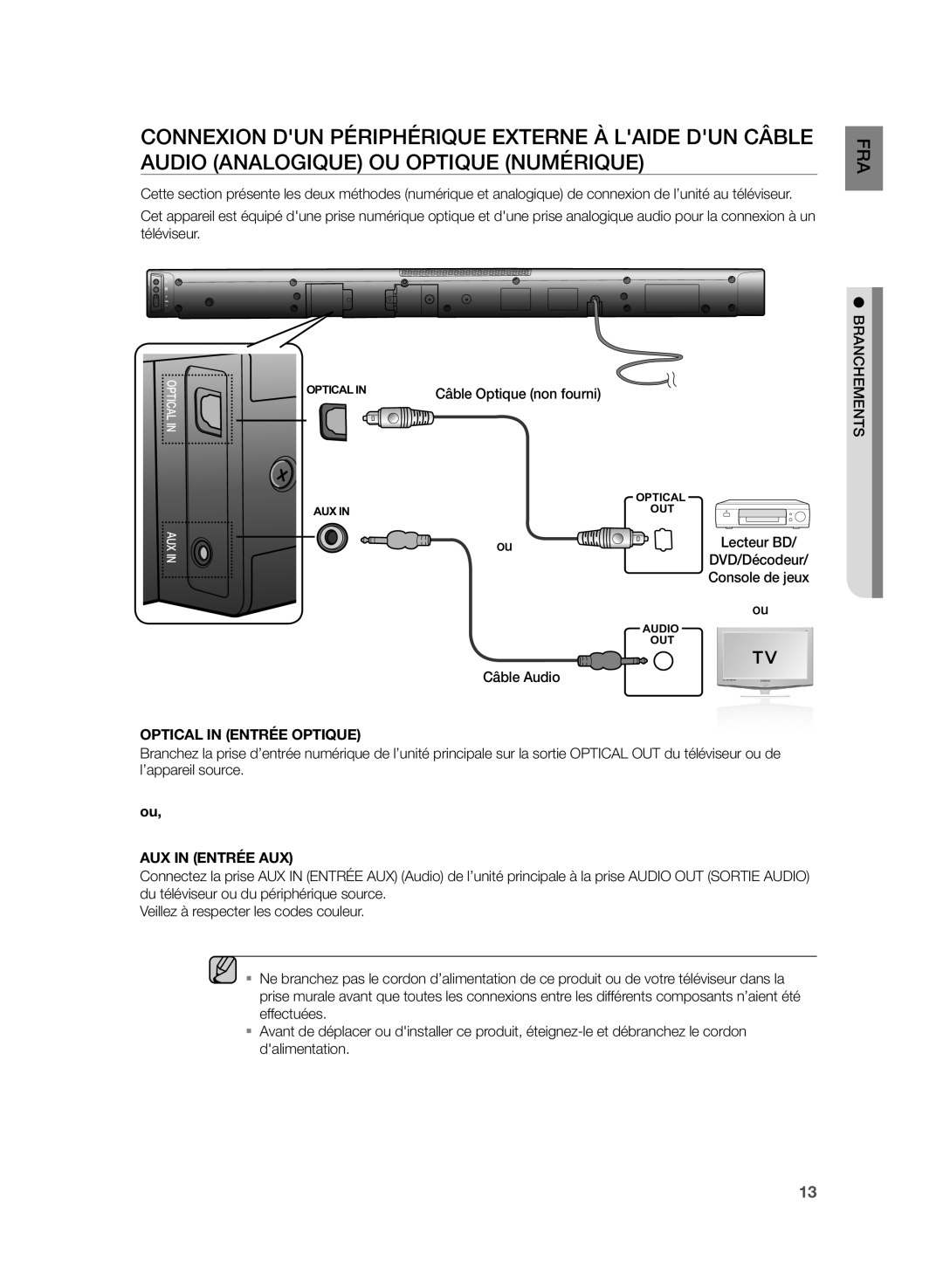 Samsung HW-H430/ZF manual Câble Optique non fourni, Câble Audio 