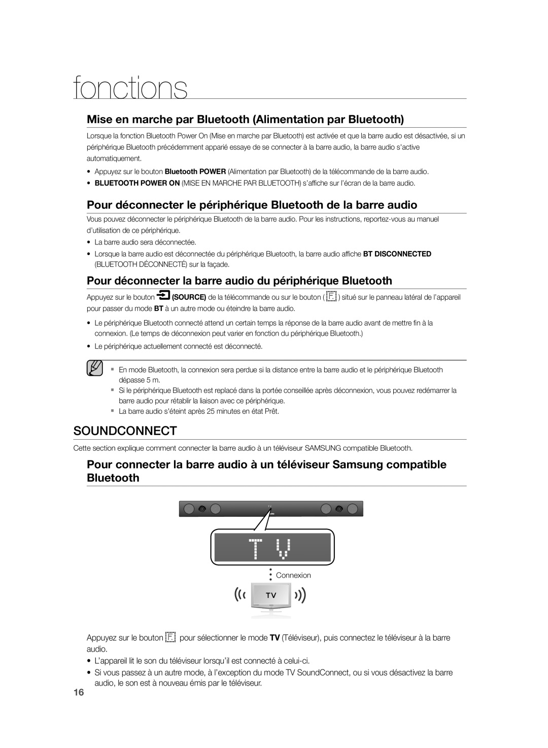 Samsung HW-H430/ZF manual Soundconnect, Mise en marche par Bluetooth Alimentation par Bluetooth, Connexion 