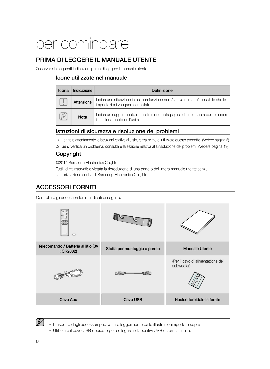 Samsung HW-H430/ZF manual Per cominciare, Prima DI Leggere IL Manuale Utente, Accessori Forniti 