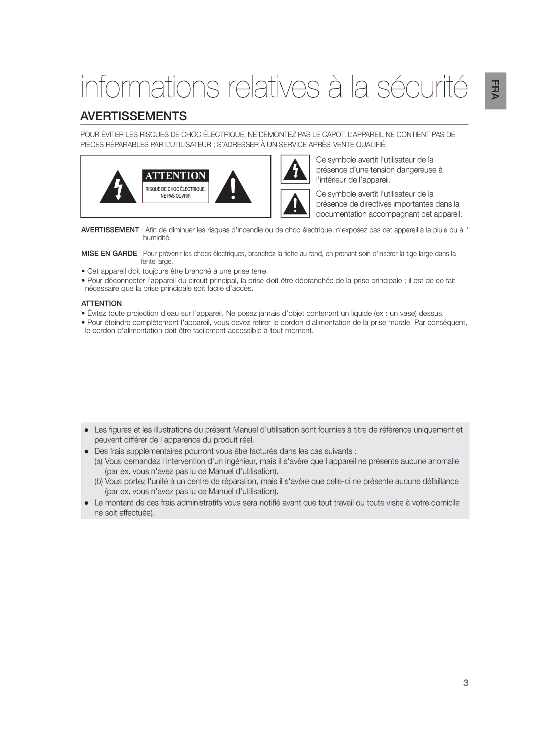 Samsung HW-H430/ZF manual Informations relatives à la sécurité, Avertissements 