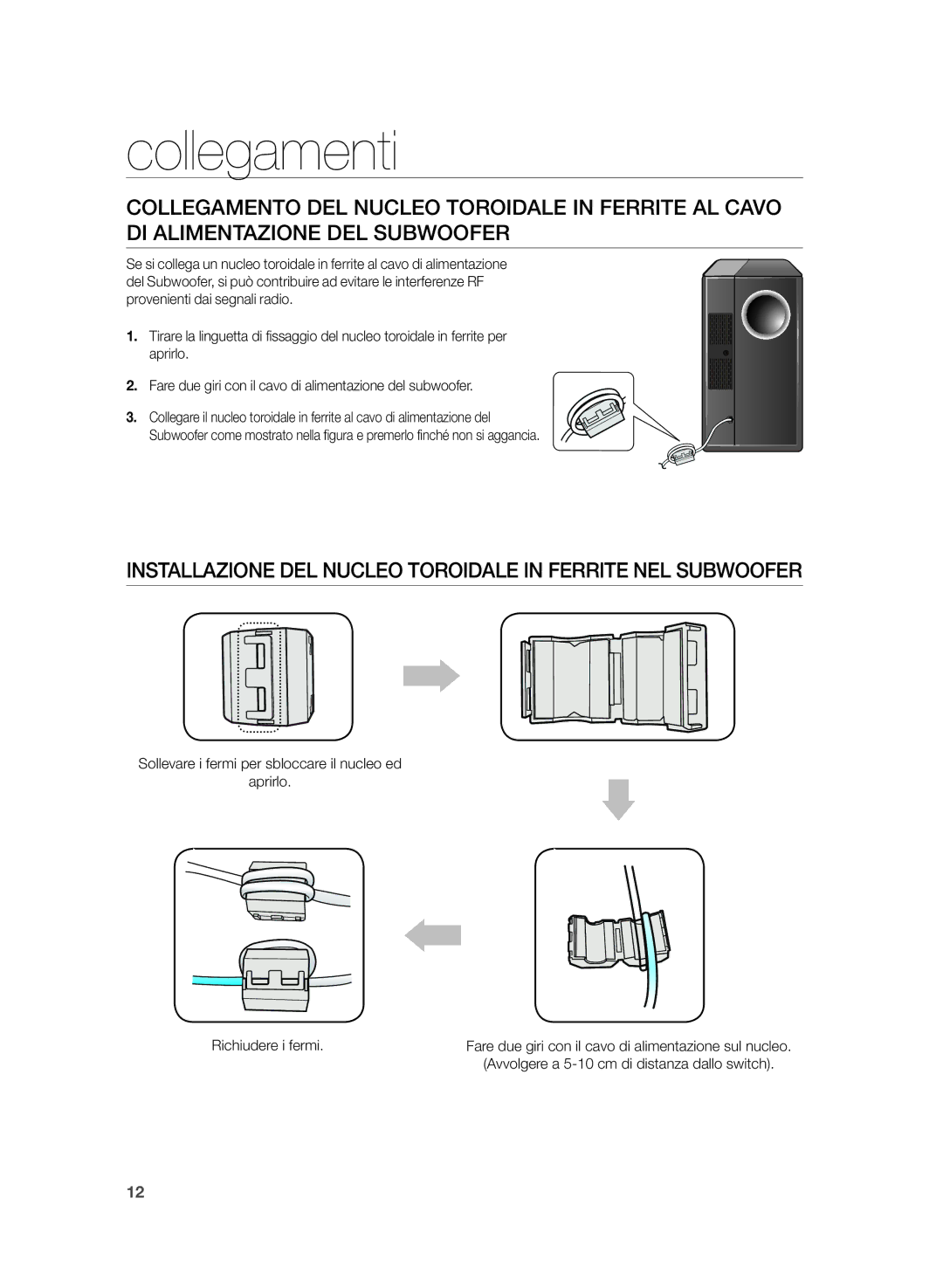 Samsung HW-H430/ZF manual Installazione DEL Nucleo Toroidale in Ferrite NEL Subwoofer 