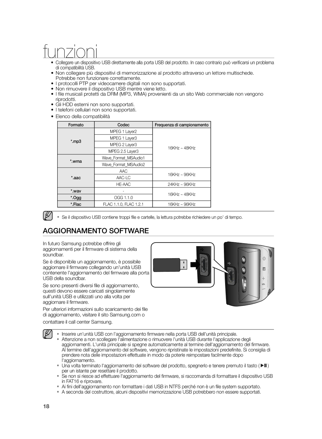 Samsung HW-H430/ZF manual Aggiornamento Software, Contattare il call center Samsung, Laggiornamento, Formato Codec 