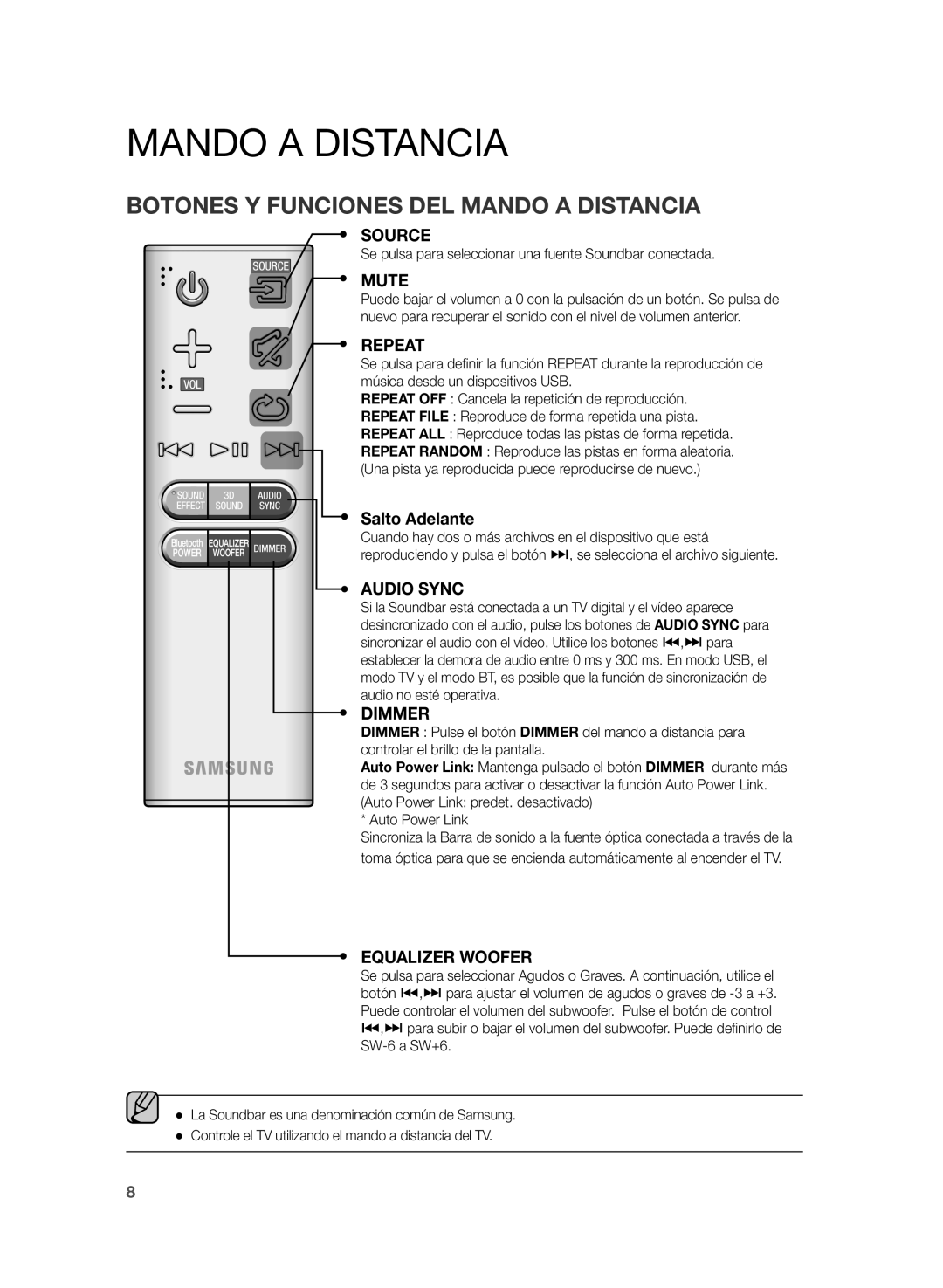 Samsung HW-H430/ZF manual Se pulsa para seleccionar una fuente Soundbar conectada, Audio no esté operativa 